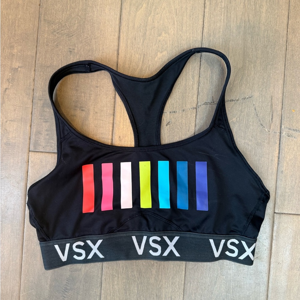 VSX Black Sports Bra with Multicolor Stripes